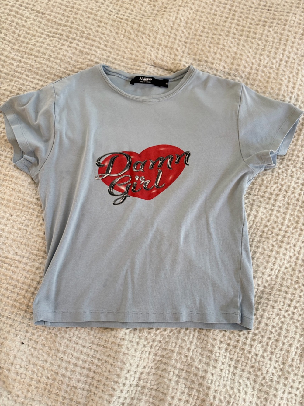 Jaded London Light Blue Tee with Red Heart 'Damn Girl' Graphic